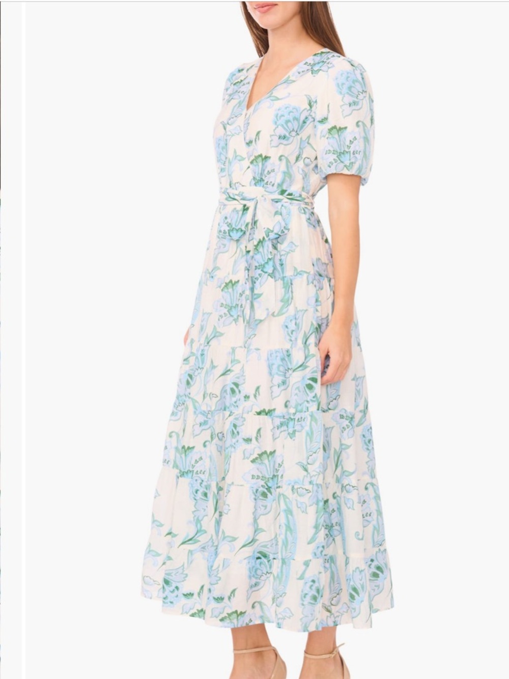 Halogen White Maxi Dress with Light Blue Floral Print